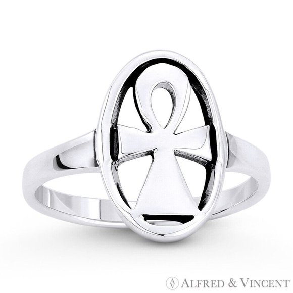 Egyptian Ankh Cross Key-of-Life Oval Charm Ring in .925 Sterling Silver -Size 10 - Picture 1 of 1